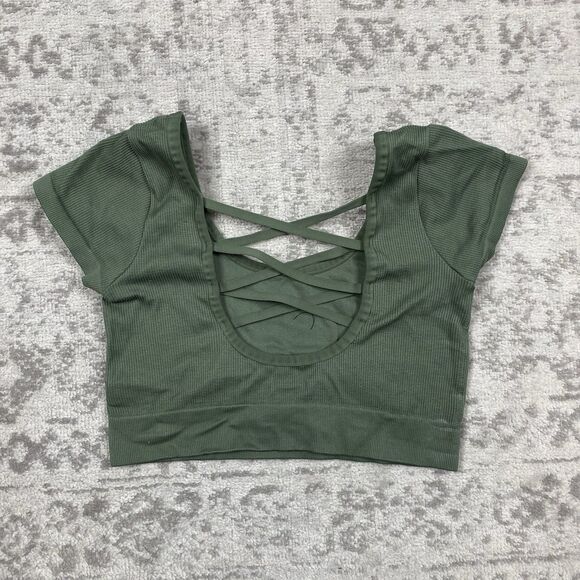 Aerie Real Good Ribbed Cropped Backless Top Green Top Women's Size XL - Picture 2 of 5